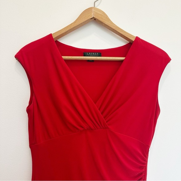 Lauren Ralph Lauren Adara Dress Red Size 6 Wrap Crepe Flowy V Neck Short Formal - Picture 5 of 10